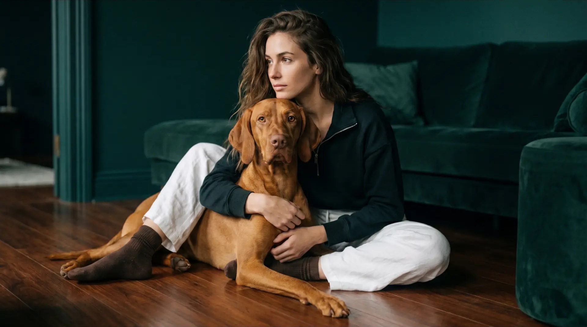 Woman sitting on the floor with her Vizsla in a dark green living room